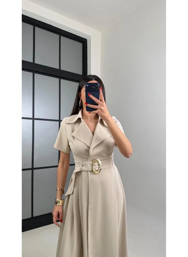 Gaus Stone Gold Buckle Crepe Fabric Long Dress GAUS-00974.