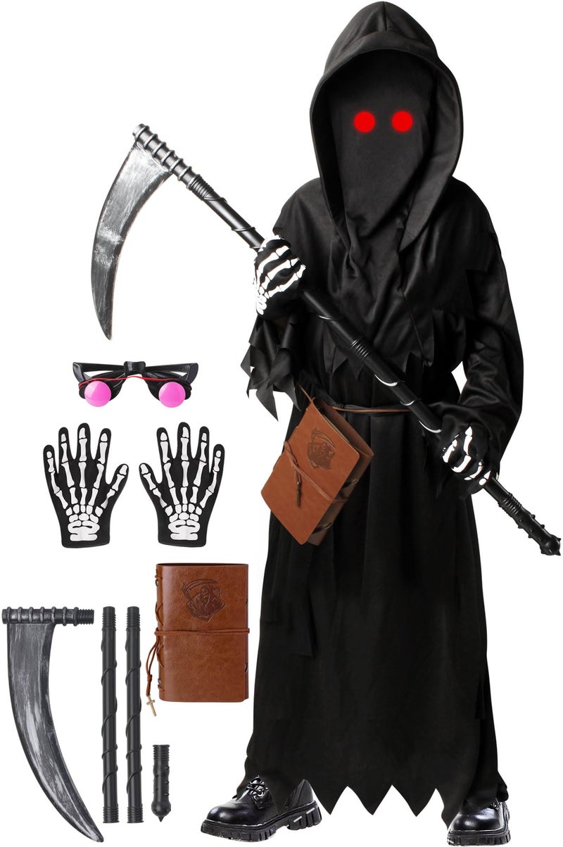 Oskiner Grim Reaper Costume for Kids Scary Halloween Costume for Boys with Glowing Red EyesScytheNotebookGloves L - Image 2