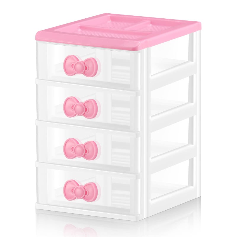 Tatuo Lovely Receiving Storage Cabinets Kawaii Makeup Organizer with 4 Layers Cute Storage Cabinet Box with Bow Handle Plastic Desktop Storage Box for Home Bedroom Bathroom Women GiftsClear - Image 2