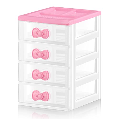 Tatuo Lovely Receiving Storage Cabinets Kawaii Makeup Organizer with 4 Layers Cute Storage Cabinet Box with Bow Handle Plastic Desktop Storage Box for Home Bedroom Bathroom Women GiftsClear - Image 1