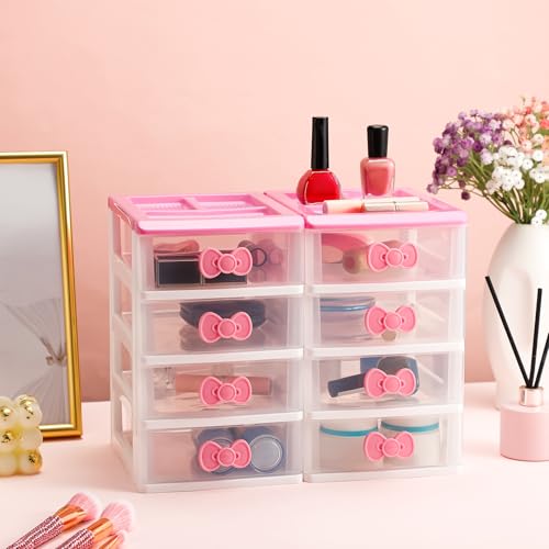 Tatuo Lovely Receiving Storage Cabinets Kawaii Makeup Organizer with 4 Layers Cute Storage Cabinet Box with Bow Handle Plastic Desktop Storage Box for Home Bedroom Bathroom Women GiftsClear - Image 3