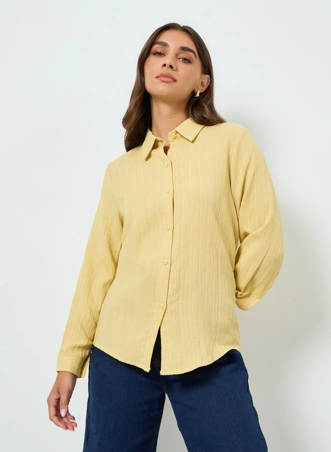 Styli Women Yellow Textured Linen Long Sleeve Shirt