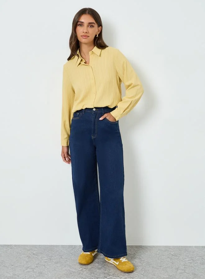 Styli Women Yellow Textured Linen Long Sleeve Shirt