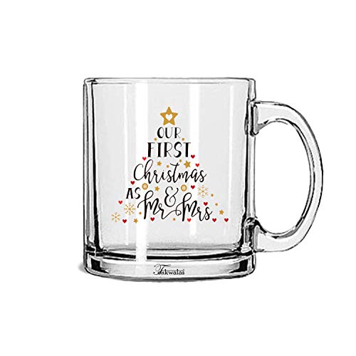 TONKWALAS Our First Christmas as Mr & Mrs Printed Transparent Glass Coffee and Tea Mug Gift for Couple (325 ML) - Image 1