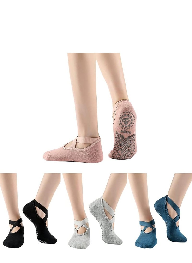 ULHYC - 4 Pairs Girls Yoga Socks Strap Non-slip Yoga Socks for Women,Unisex Yoga Special Slipper Socks Ballet Dance Socks Anti-Skid Socks Multi - Image 1
