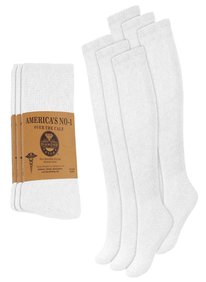 Diamond Star 6 Pairs Diabetic Knee High Socks for Men – Over the Calf Cotton Socks, Non-Binding Comfortable Fit – Men’s Shoe Size 9–12 (6 Pairs White) - Image 1