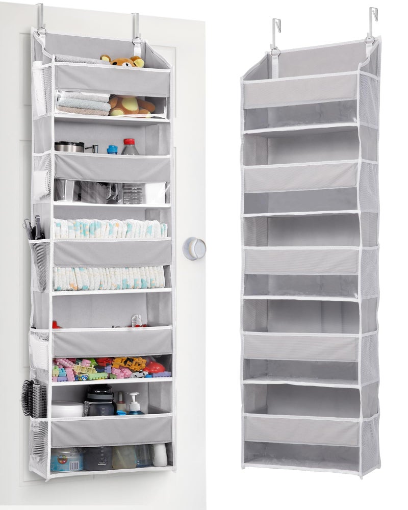 ULG 1 Pack Over Door Organizer with 5 Large Pockets 10 Mesh Side Pockets 44 lbs Weight Capacity Hanging Storage Organizer with Clear Window for Kids Toys Shoes Diapers Grey 5 Layer