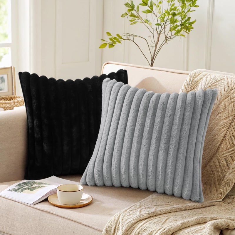 Pallene Faux Fur Plush Throw Pillow Covers 24x24 Set of 2, Luxury Soft Fluffy Striped Decorative Pillow Covers for Sofa, Couch, Living Room, Black - Image 3