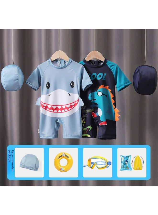 Children's Swimwear Boys' Hooded Swimming Suit Kids Boys Swimming Trunks Big Kids Professional Hot Spring Swimwear-Color:Glasses Dinosaur One-Piece Swimsuit Hat Arm Circle- - Image 3