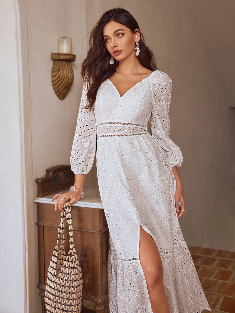Simplee V Neck Puff Long Sleeve Lace Maxi Dress, Waist Cinched Flared Skirt, Romantic Lace Long Dress