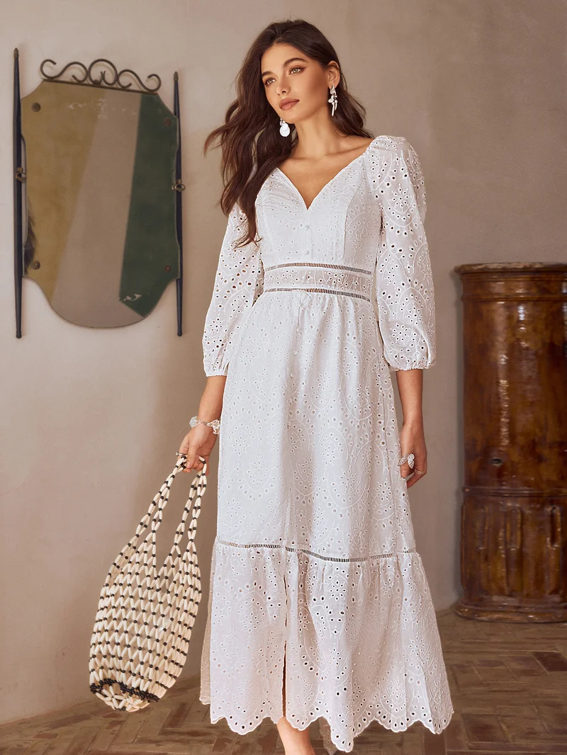 Simplee V Neck Puff Long Sleeve Lace Maxi Dress, Waist Cinched Flared Skirt, Romantic Lace Long Dress