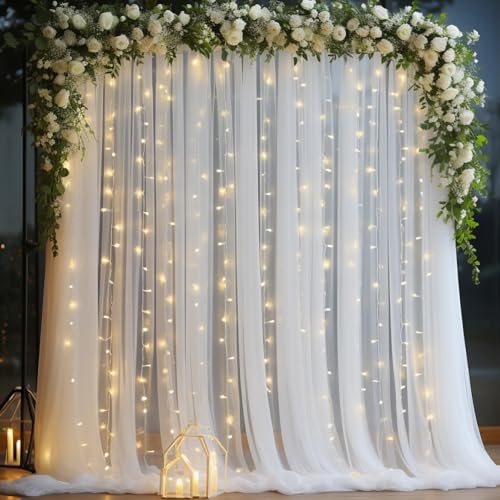 PARTISKY 10x10ft White Tulle Backdrop Curtain with Lights String for Parites, Sheer Backdrop Curtains for Wedding Baby Shower Birthday Party Photo Shoot Decorations - Image 1