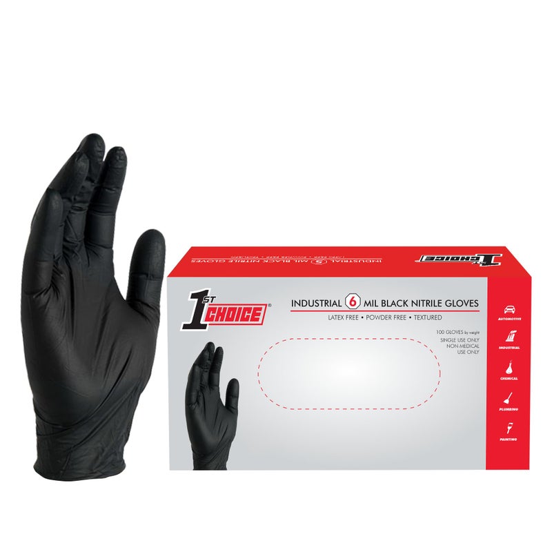 1st Choice Black Nitrile Gloves, Disposable, Latex-Free, 6 Mil, Textured, for Mechanics, Cleaning, Home X-Large Box of 100 - Image 1