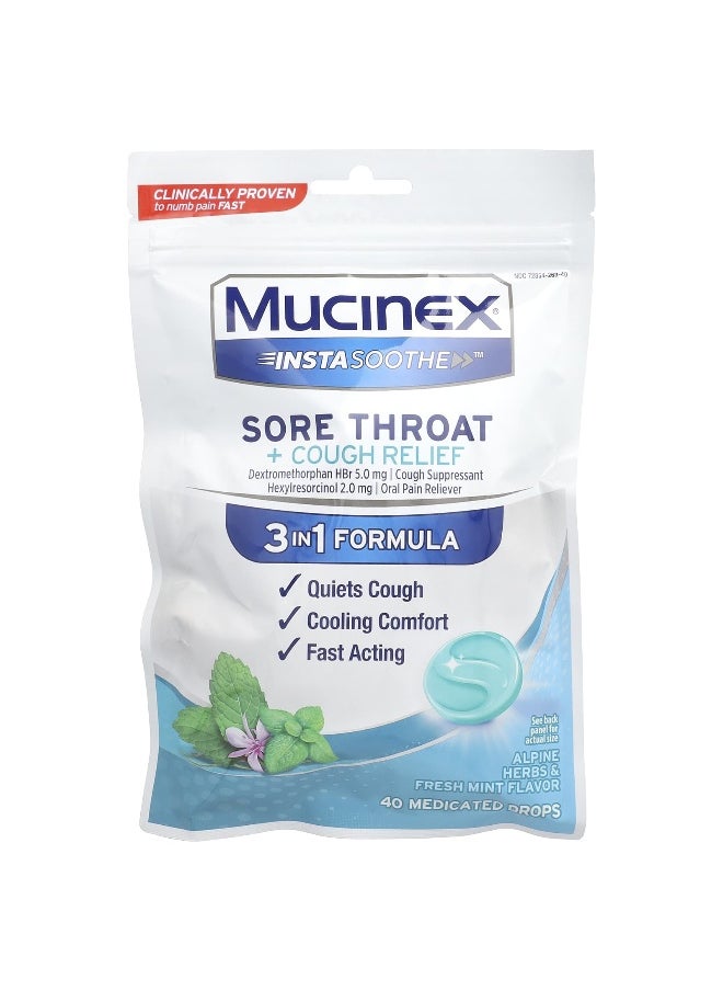 MUCINEX Mucinex, InstaSoothe™, Sore Throat + Cough Relief, Alpine Herbs & Fresh Mint, 40 Medicated Drops  - Image 1