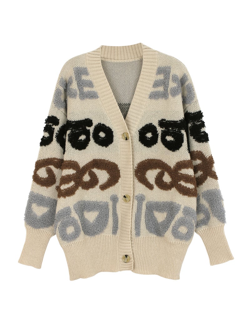 Generic - Middle-Length Open Cardigan Knitted Sweater with Letter Pattern Spring Autumn Polyester Comfortable Casual Style Long Sleeve Black - Image 1