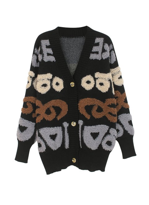 Middle-Length Open Cardigan Knitted Sweater with Letter Pattern Spring Autumn Polyester Comfortable Casual Style Long Sleeve Black