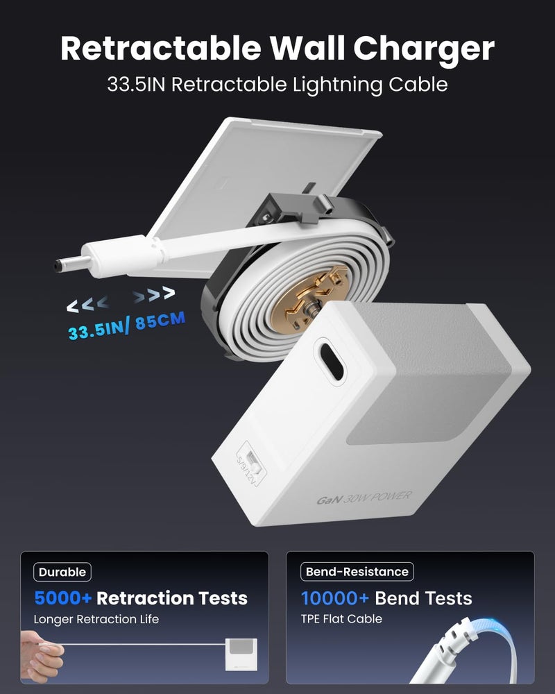 Gitryin محول طاقة Gitryin 12V 2.5A مع كابل طاقة DC قابل للسحب بطول 33.5 بوصة، شاحن قابل للسحب بقوة 30W مع قابس قابل للطي، متوافق مع أضواء شريط LED، كاميرا، مكبر صوت بلوتوث، GPS، كاميرا ويب، جهاز توجيه، صندوق تلفاز - Image 3
