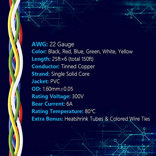 Fermerry 22 AWG Solid Core Wire Spool 25ft Each 6 Colors Flexible 22 Gauge Hook up Wire Kit Electrical Tinned Copper Wire PVC - Image 2
