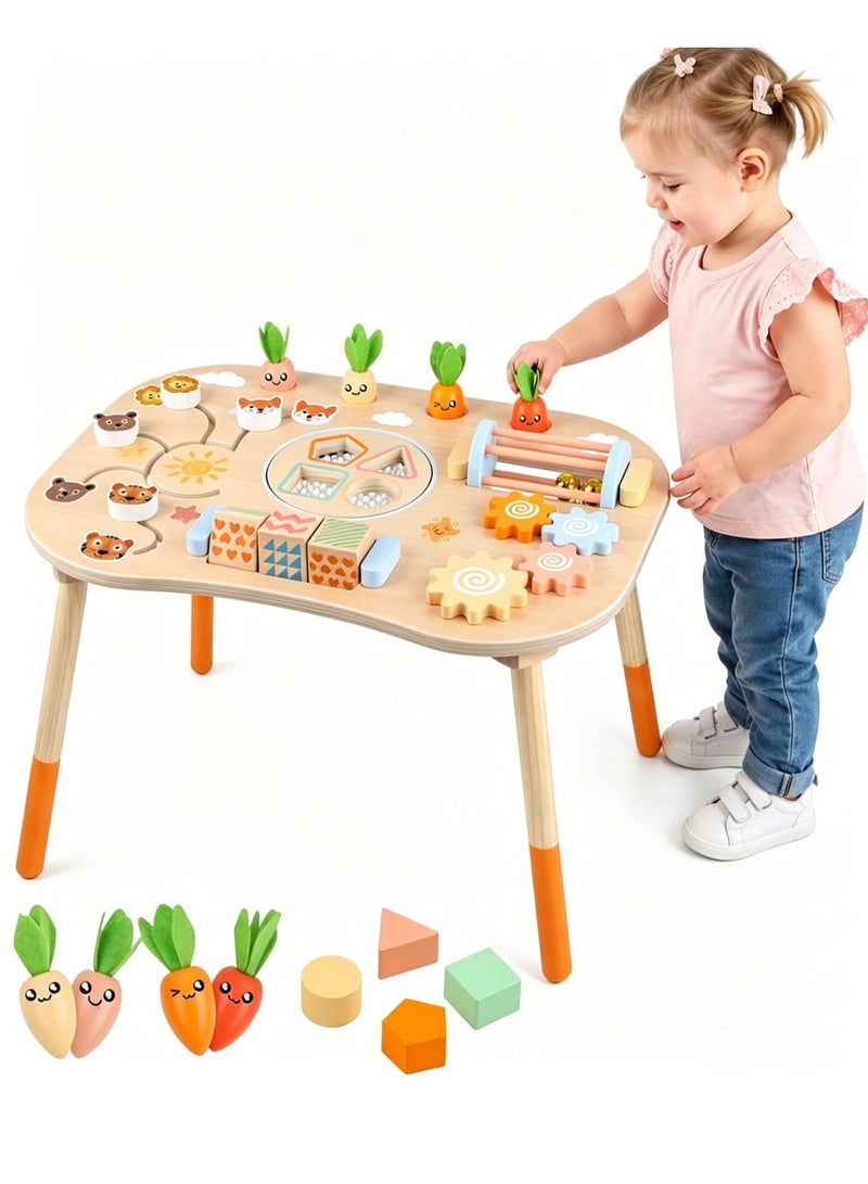 XICEN Wooden Activity Table for Toddlers,  6-in-1 Montessori Sensory Play Table with Shape Sorter,  Rotating Gear and Storage Net, Early Development Activity Center for Baby Aged 6 Months+,  Improve Fine Motor Skills - Image 1