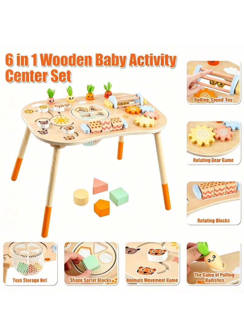 XICEN Wooden Activity Table for Toddlers,  6-in-1 Montessori Sensory Play Table with Shape Sorter,  Rotating Gear and Storage Net, Early Development Activity Center for Baby Aged 6 Months+,  Improve Fine Motor Skills - Image 4