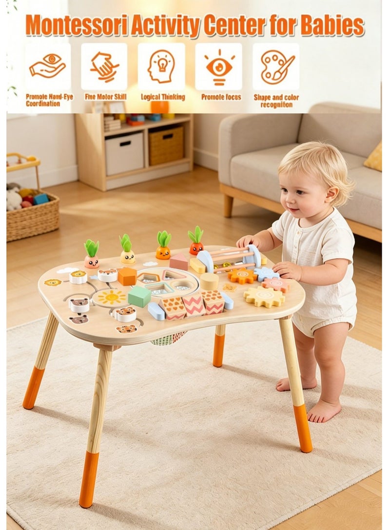 XICEN Wooden Activity Table for Toddlers,  6-in-1 Montessori Sensory Play Table with Shape Sorter,  Rotating Gear and Storage Net, Early Development Activity Center for Baby Aged 6 Months+,  Improve Fine Motor Skills - Image 5