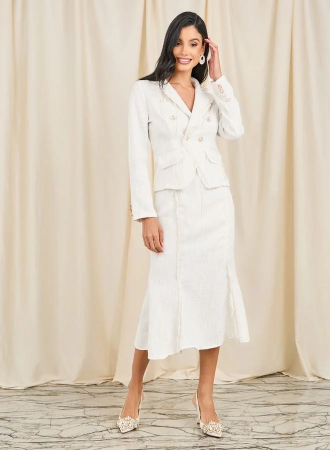 ستايلي Frayed Edge Tweed Buttoned Blazer & Midi Skirt Co-Ord