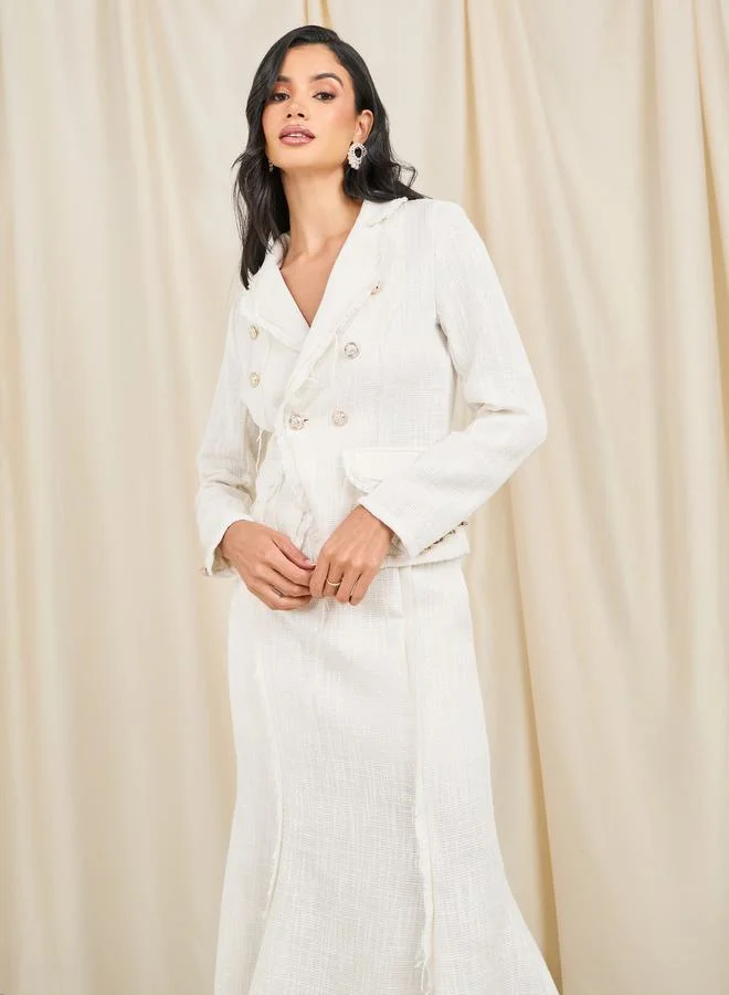 ستايلي Frayed Edge Tweed Buttoned Blazer & Midi Skirt Co-Ord