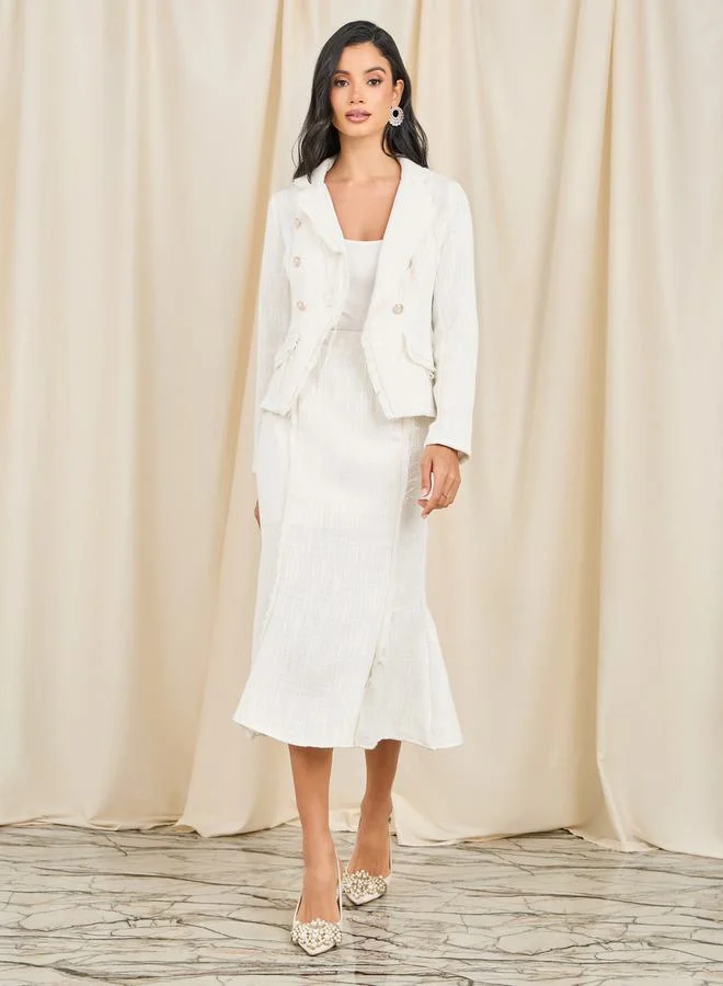Styli Frayed Edge Tweed Buttoned Blazer & Midi Skirt Co-Ord