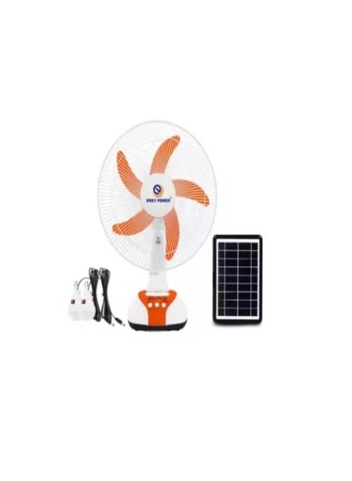 Fan, 5 solar-powered blades, with a solar panel, and 2 LED lights, equipped with a giant internal battery and a USB port for charging the phone and various devices - Image 1