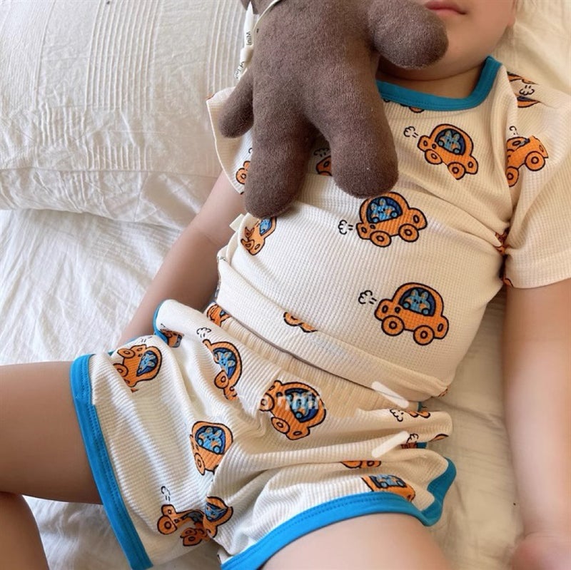 Cartoon Fabric Babys suit Wide Pine Summer Short-sleeved Shorts Childrens Pajamas Boys and Girls Ice Two Home Clothes Empty New Product 610# Blue Collar 