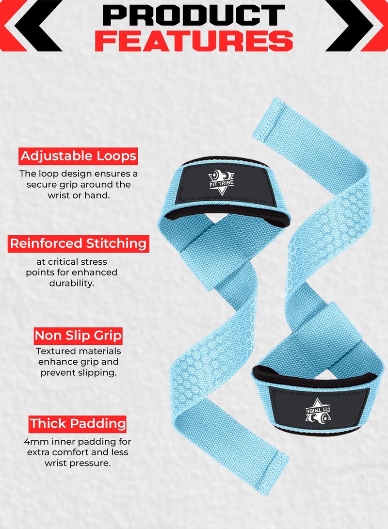 FIT TRIBE Weight Lifting Straps, Gym Straps for Weight Lifting Support, Powerlifting, Bodybuilding & Fitness, Adjustable Wrist Straps for Men & Women - Strength Training Gym Accessories (Light Blue) - Image 2
