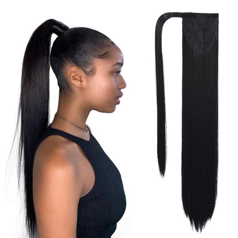 SEIKEA Clip in Ponytail Extension Wrap Around Long Straight Pony Tail Hair 28 Inch Synthetic Hairpiece Black
