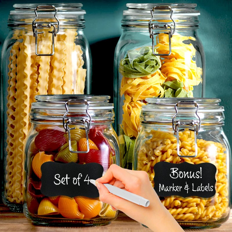 Le'raze 4 Glass Food Storage Jars with Airtight Lids + Chalkboard & Marker, Kitchen Canisters for Flour, Sugar, Coffee, Cereal, Pasta, Canning, Cookie Jar with Clamp Lid, Square Mason Jars 2-78oz, 2-34oz - Image 1