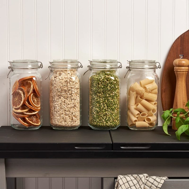 Le'raze 4 Glass Food Storage Jars with Airtight Lids + Chalkboard & Marker, Kitchen Canisters for Flour, Sugar, Coffee, Cereal, Pasta, Canning, Cookie Jar with Clamp Lid, Square Mason Jars 2-78oz, 2-34oz - Image 5
