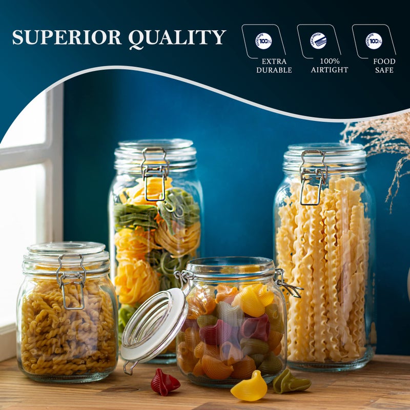 Le'raze 4 Glass Food Storage Jars with Airtight Lids + Chalkboard & Marker, Kitchen Canisters for Flour, Sugar, Coffee, Cereal, Pasta, Canning, Cookie Jar with Clamp Lid, Square Mason Jars 2-78oz, 2-34oz - Image 3