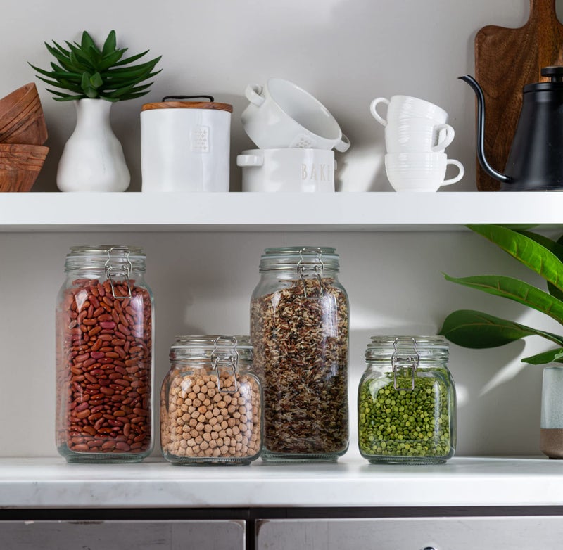 Le'raze 4 Glass Food Storage Jars with Airtight Lids + Chalkboard & Marker, Kitchen Canisters for Flour, Sugar, Coffee, Cereal, Pasta, Canning, Cookie Jar with Clamp Lid, Square Mason Jars 2-78oz, 2-34oz - Image 2
