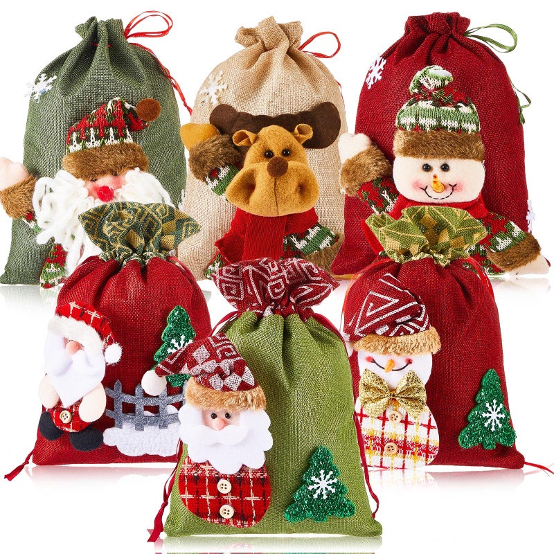 Amylove 6 Pieces Christmas Gift Bags with Drawstrings Xmas 3D Reusable Goody Bags for Christmas Party Favor Wrapping Supplies BulkCute Style - Image 2
