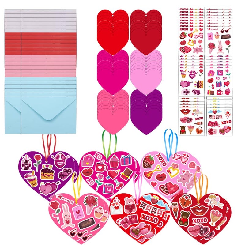 Colodeol 48 Pack Valentine's Day Heart Craft Kits for Kids Valentines DIY Heart-Shaped Card Kits with Stickers and Envelopes Valentines Day Hanging Multicolor Hearts Crafts for Classroom Activity - Image 1