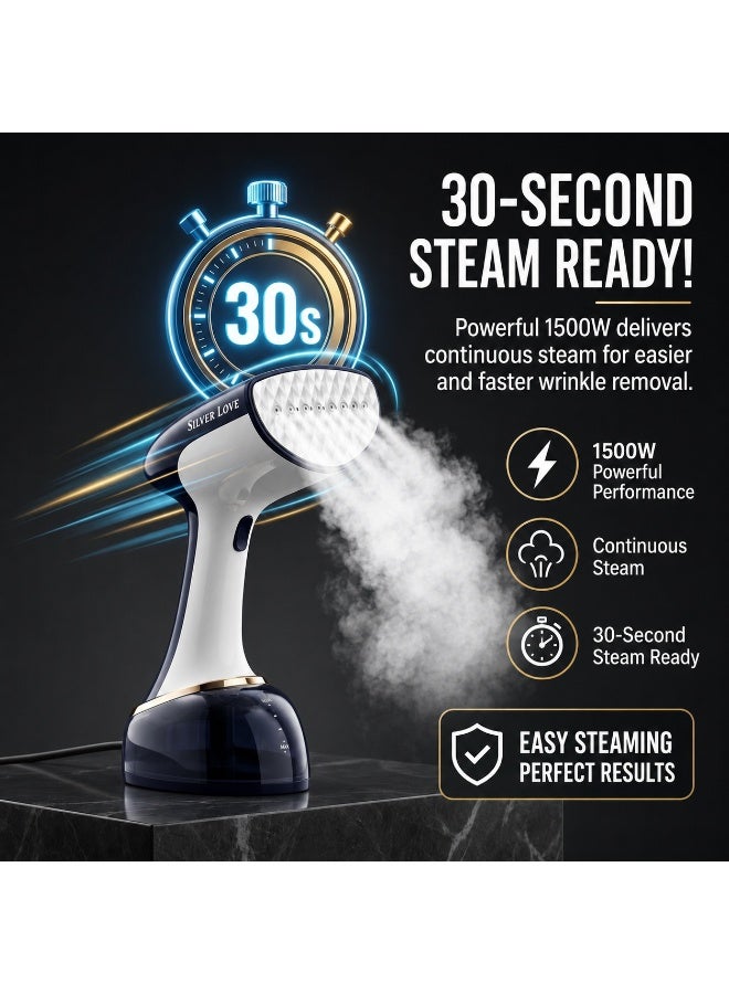 Silver Love Garment Steamer 1500W, 360ml Water Tank, 9-Hole Steam Nozzle, Fast Heat-Up in 38 Seconds, Portable Handheld Clothes Steamer for Home & Travel, Blue/White - Image 3