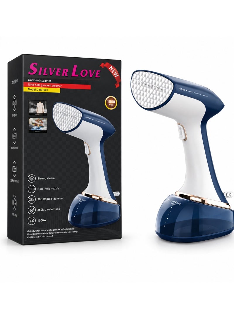 Silver Love Garment Steamer 1500W, 360ml Water Tank, 9-Hole Steam Nozzle, Fast Heat-Up in 38 Seconds, Portable Handheld Clothes Steamer for Home & Travel, Blue/White - Image 1