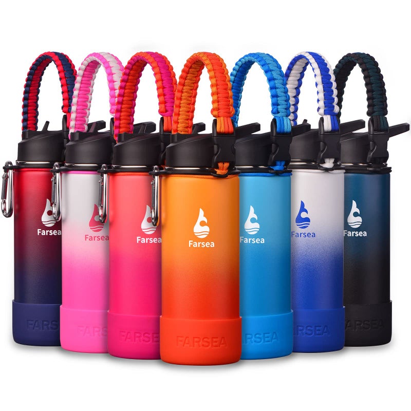 Farsea Insulated Water Bottle With Paracord Handle Protective Silicone Boot and 2 Lids Straw Lid  Spout Lid Stainless Steel Water Bottle Wide Mouth Double Wall SweatProof BPAFree 18 oz