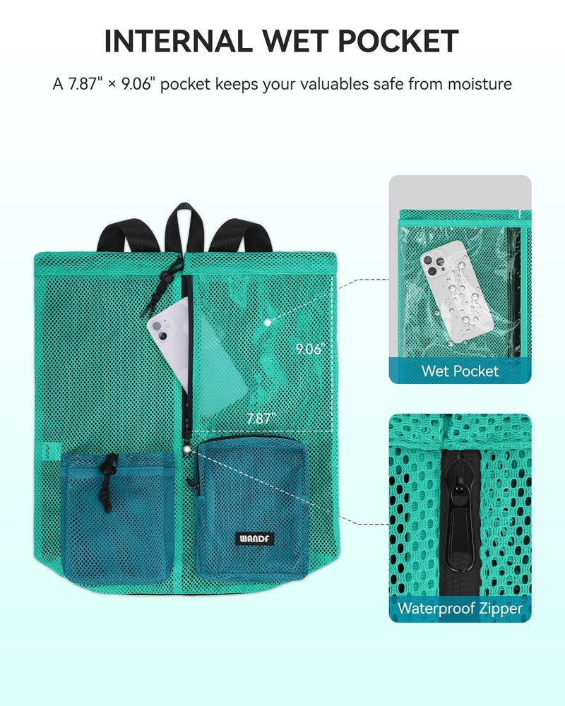 WANDF Swim Bag Mesh Drawstring Backpack with Wet Pocket Beach Bag for Swimming Pool Gym Workout Men and Women (Turquoise) - Image 2