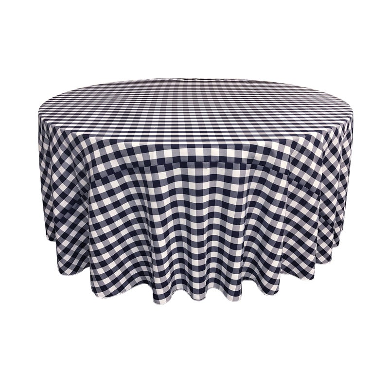 LA Linen TCcheck120RNavyK72 Polyester Gingham Checkered Tablecloth White  Navy  120 in Round