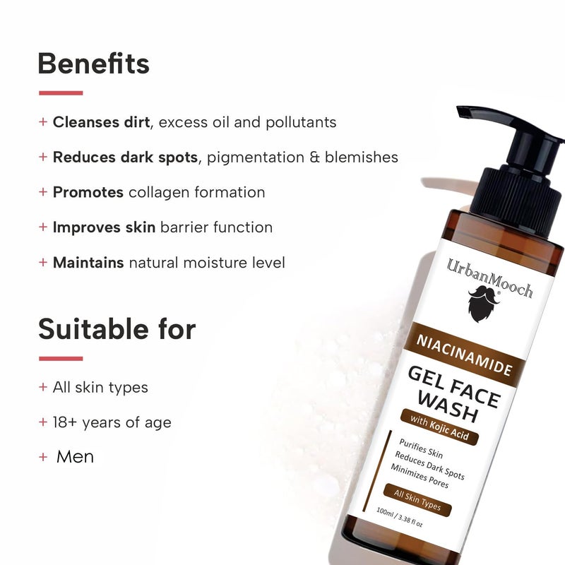 UrbanMooch Bright & Even Tone Gel Face Wash with Niacinamide, Vitamin E and Kojic Acid | Daily Gentle Face Wash For Men for Tan, Pigmentation, Uneven Tone, Niacinamide Face Wash,100ml - Image 3