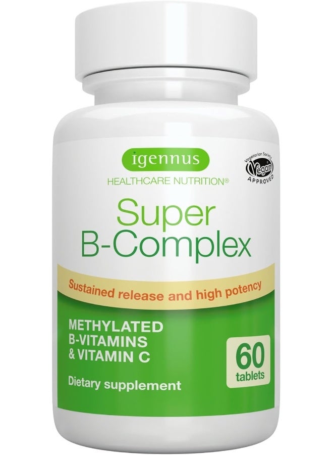 Igennus Super B-Complex – Methylated Sustained Release B Complex & Vitamin C, Folate & Methylcobalamin, Vegan, Energy, Heart & Brain Function, 60 Small Tablets - Image 1