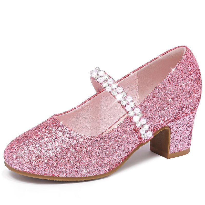 LAURMOSA Pink Dress Shoes for Girls Heels Size 1 Sparkle Dressy Shoes for Girls High Heels for Kids Mary Jane Pearl Princess Flower Girl Fancy Shoe Wedding Birthday Party Flat Big Kids (L1039ShPink 1) - Image 1