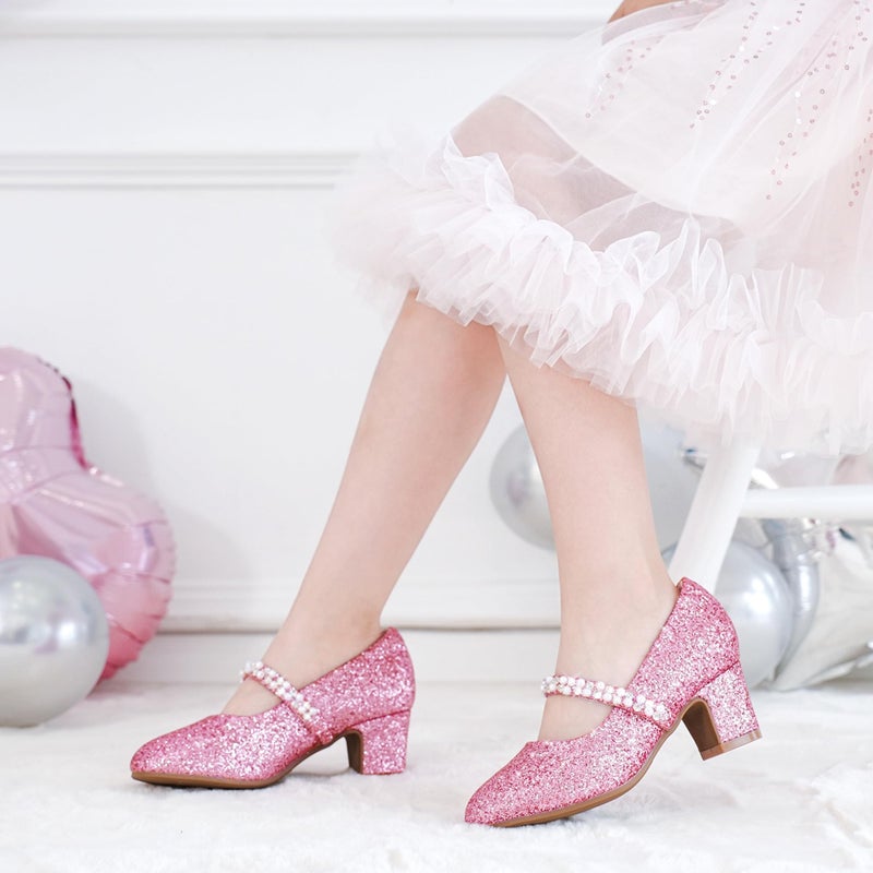 LAURMOSA Pink Dress Shoes for Girls Heels Size 1 Sparkle Dressy Shoes for Girls High Heels for Kids Mary Jane Pearl Princess Flower Girl Fancy Shoe Wedding Birthday Party Flat Big Kids (L1039ShPink 1) - Image 2