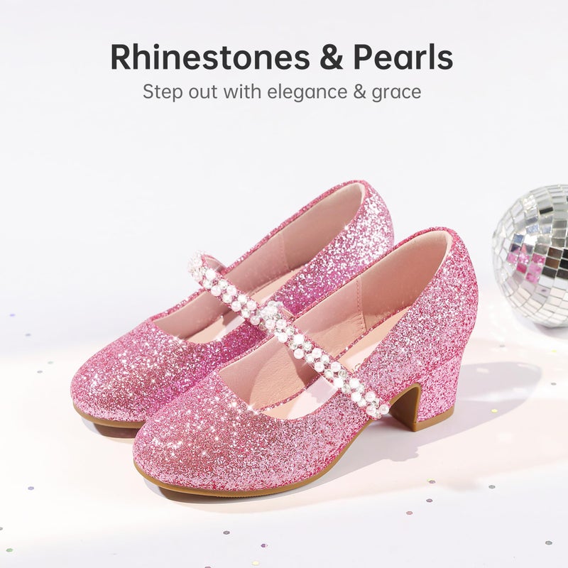 LAURMOSA Pink Dress Shoes for Girls Heels Size 1 Sparkle Dressy Shoes for Girls High Heels for Kids Mary Jane Pearl Princess Flower Girl Fancy Shoe Wedding Birthday Party Flat Big Kids (L1039ShPink 1) - Image 4