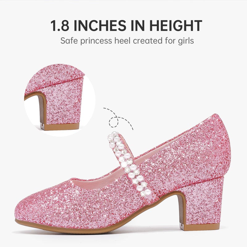 LAURMOSA Pink Dress Shoes for Girls Heels Size 1 Sparkle Dressy Shoes for Girls High Heels for Kids Mary Jane Pearl Princess Flower Girl Fancy Shoe Wedding Birthday Party Flat Big Kids (L1039ShPink 1) - Image 5