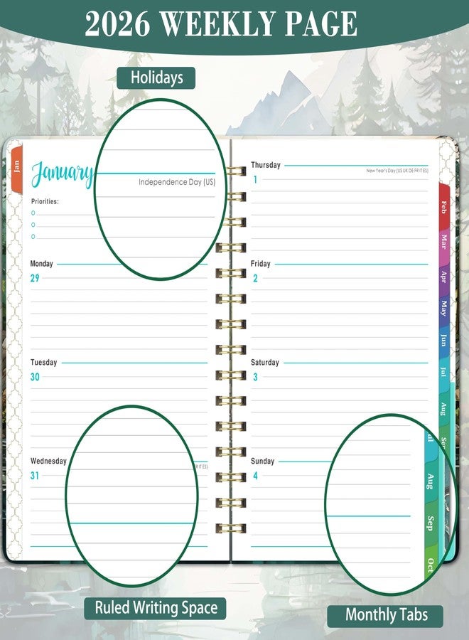 MaaIbok 2026 Planner - 2026 Planner Weekly and Monthly, Jan 2026 - Dec 2026, 6.3” x 8.4”, 2026 Calendar Planner, Twin-Wire Binding, Inner Pocket, Colorful Monthly Tabs, Elastic Closure, Contacts, Holidays - Image 4